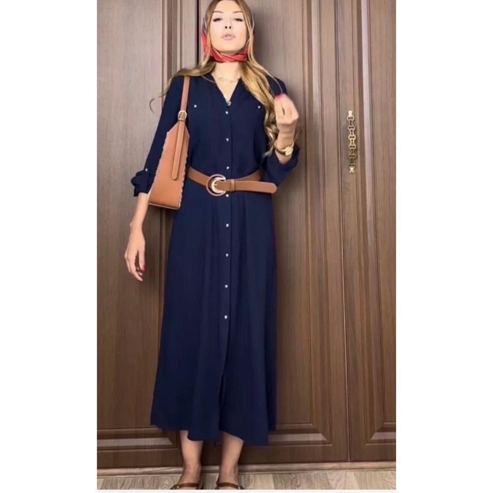 Zara Navy Blue Belted Midi Shirt Dress Gold Buttons XXL